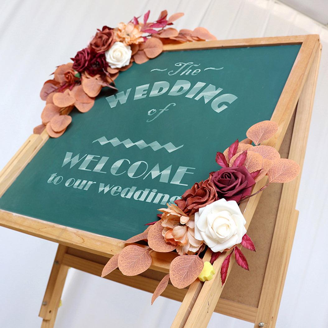Simulated Autumn Rose Eucalyptus Leaf Silk Flower Wedding Welcome Sign Flower Art Guide Sign Prop